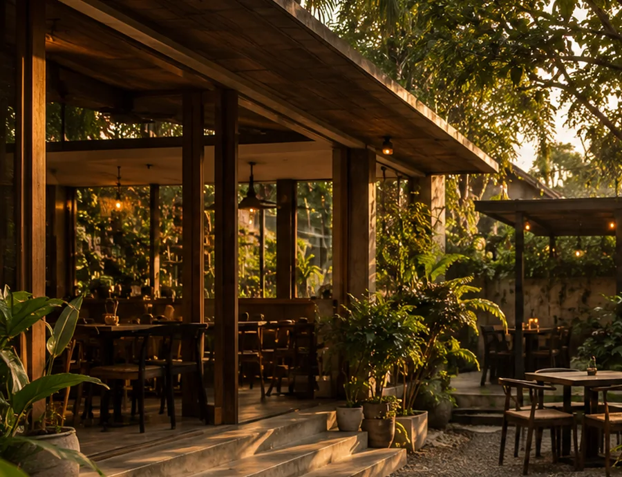 Ilustrasi ruang kafe dengan interior kayu